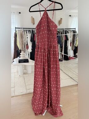 Sleeveless Red Patterned Wide-Leg Jumpsuit